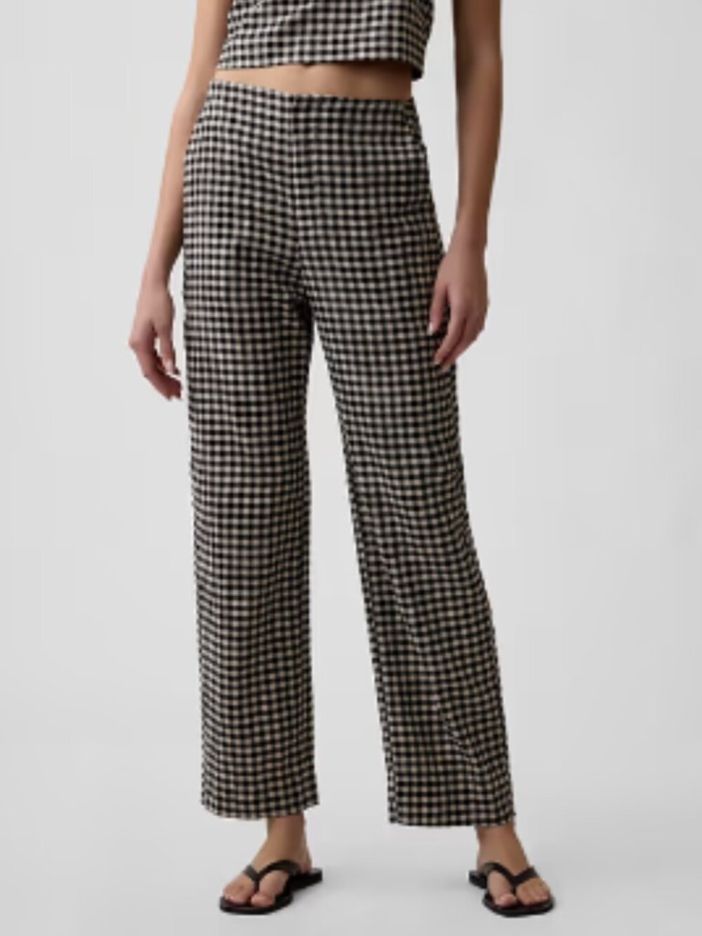NWT GAP Factory Black Tan Gingham High Rise Linen Blend Straight Crop Pants